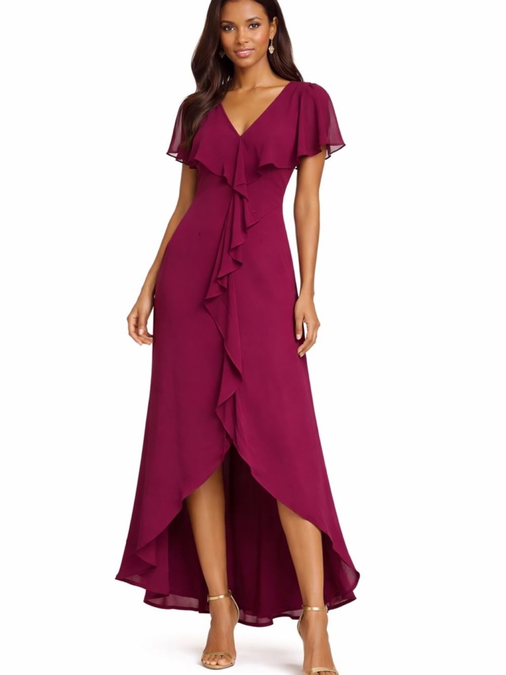 Adrianna Papell Burgundy Short Sleeve Chiffon Ruffle Gown SZ 6 NWT Formal Dress